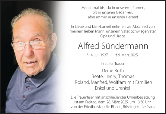 Traueranzeige von Alfred Sündermann 