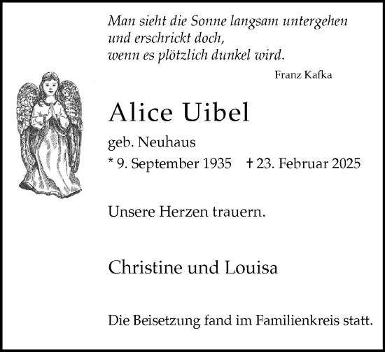 Traueranzeige von Alice Uibel von Stadtanzeiger Castrop-Rauxel