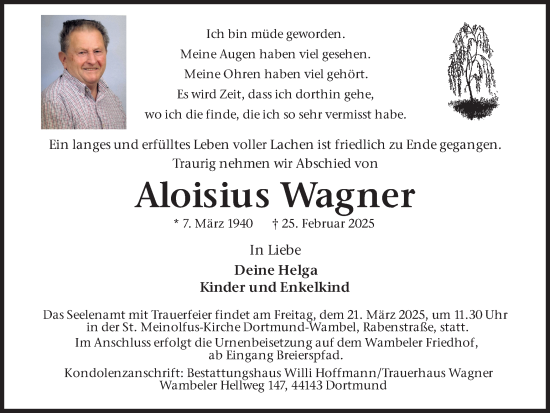 Traueranzeige von Aloisius Wagner von Ruhr Nachrichten