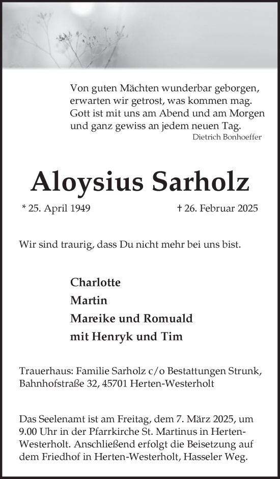 Traueranzeige von Aloysius Sarholz von Trauer Vest