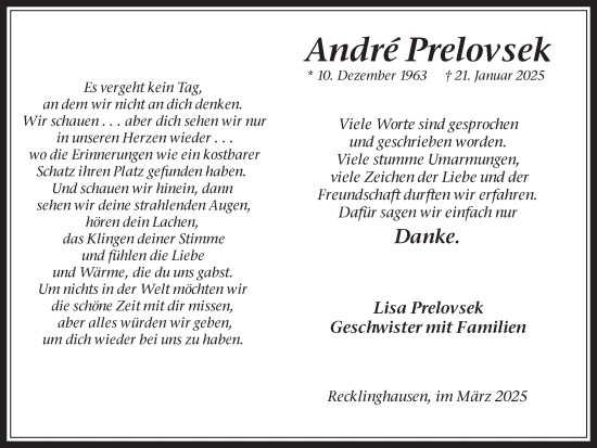 Traueranzeige von Andre Prelovsek von Trauer Vest