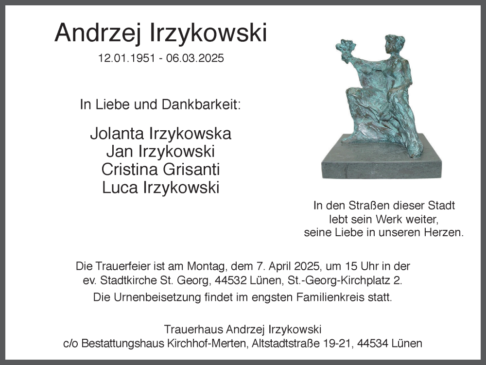  Traueranzeige für Andrzej Irzykowski vom 22.03.2025 aus Ruhr Nachrichten