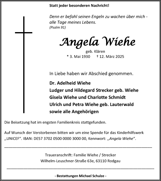 Traueranzeige von Angela Wiehe von Trauer Vest