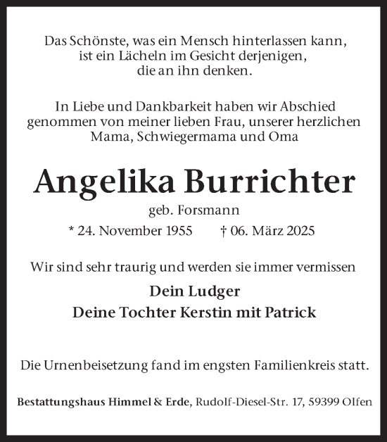 Traueranzeige von Angelika Burrichter von Ruhr Nachrichten