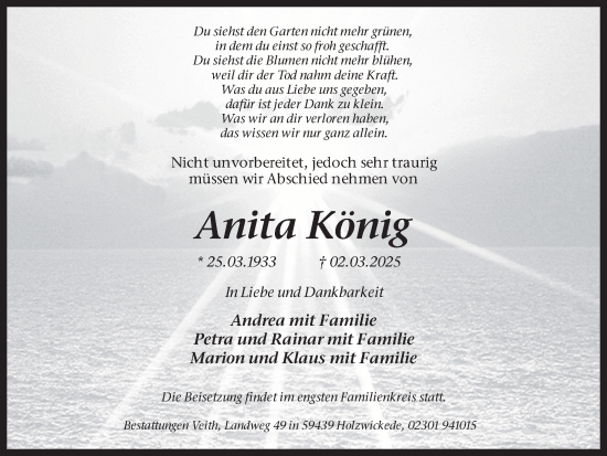 Traueranzeige von Anita König von Hellweger Anzeiger