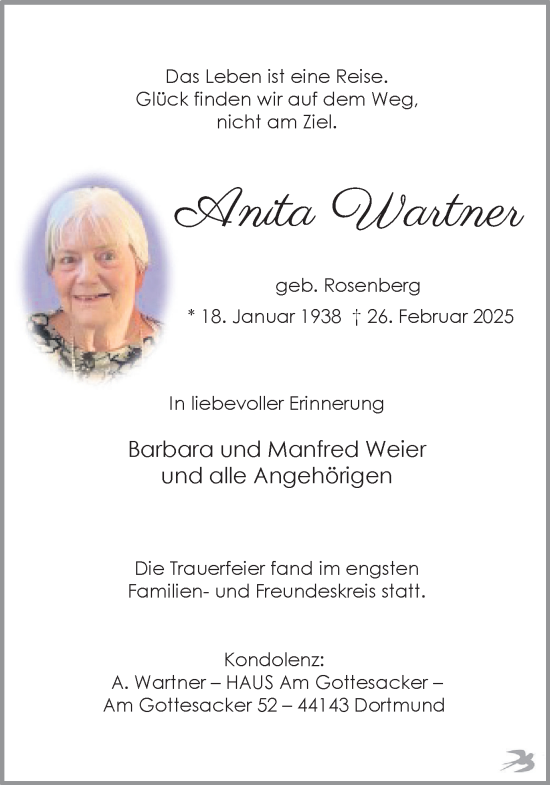 Traueranzeige von Anita Wartner von Ruhr Nachrichten