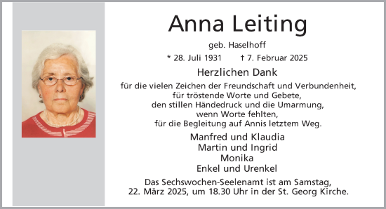 Traueranzeige von Anna Leiting 