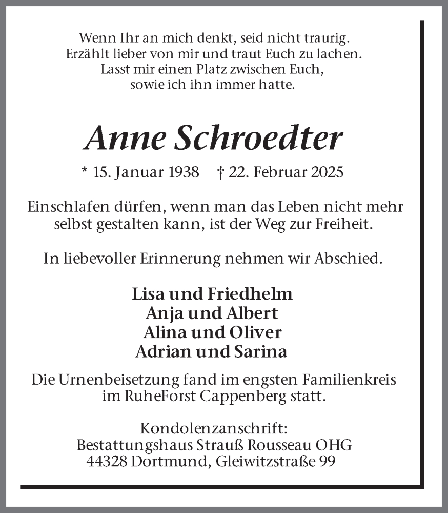  Traueranzeige für Anne Schroedter vom 15.03.2025 aus Ruhr Nachrichten