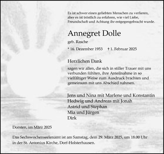 Traueranzeige von Annegret Dolle von Ruhr Nachrichten und Dorstener Zeitung