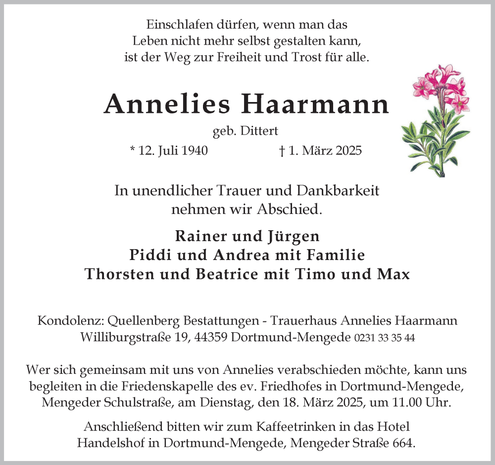  Traueranzeige für Annelies Haarmann vom 08.03.2025 aus Ruhr Nachrichten