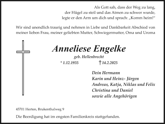 Traueranzeige von Anneliese Engelke von Trauer Vest