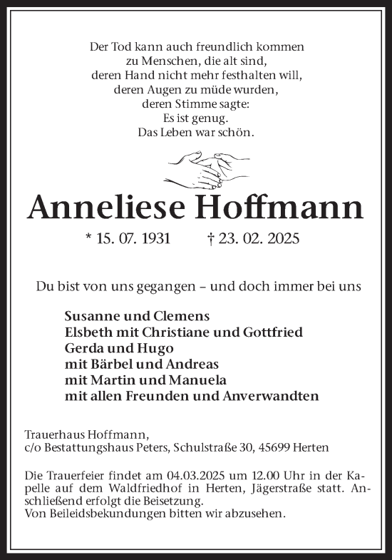 Traueranzeige von Anneliese Hoffmann von Trauer Vest