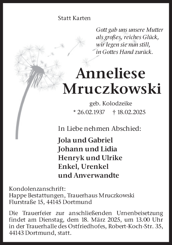 Traueranzeige von Anneliese Mruczkowski von Ruhr Nachrichten