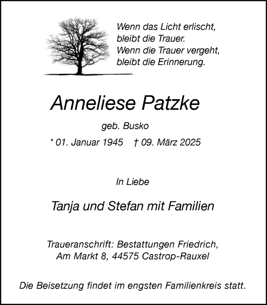 Traueranzeige von Anneliese Patzke von Stadtanzeiger Castrop-Rauxel