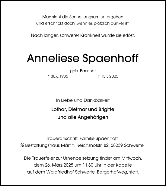 Traueranzeige von Anneliese Spaenhoff von Ruhr Nachrichten