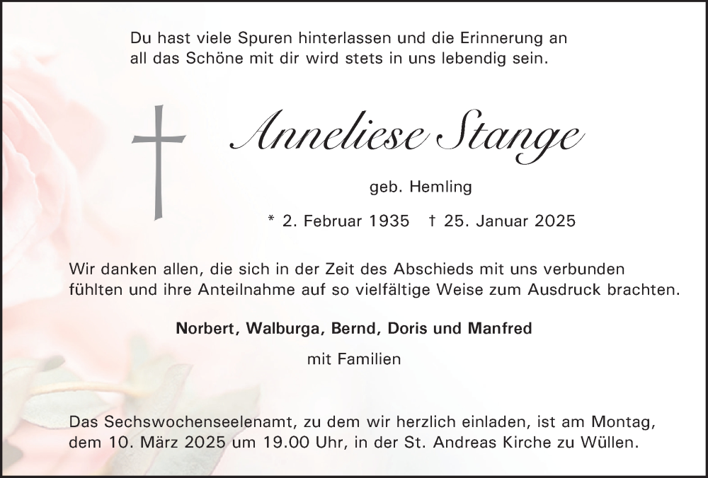  Traueranzeige für Anneliese Stange vom 05.03.2025 aus Münsterland Zeitung