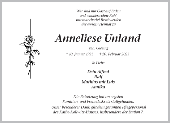 Traueranzeige von Anneliese Unland 
