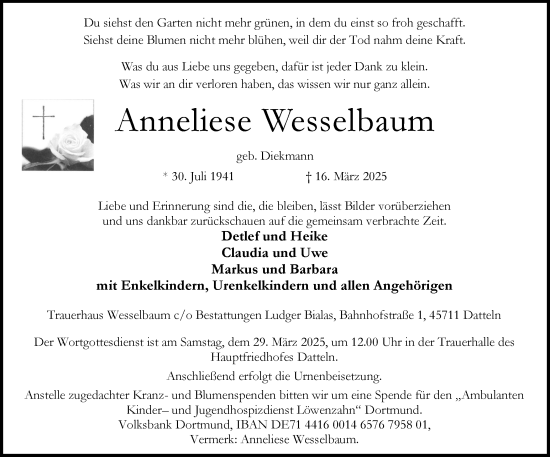 Traueranzeige von Anneliese Wesselbaum von Trauer Vest