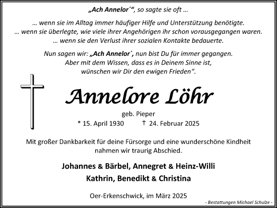 Traueranzeige von Annelore Löhr von Trauer Vest