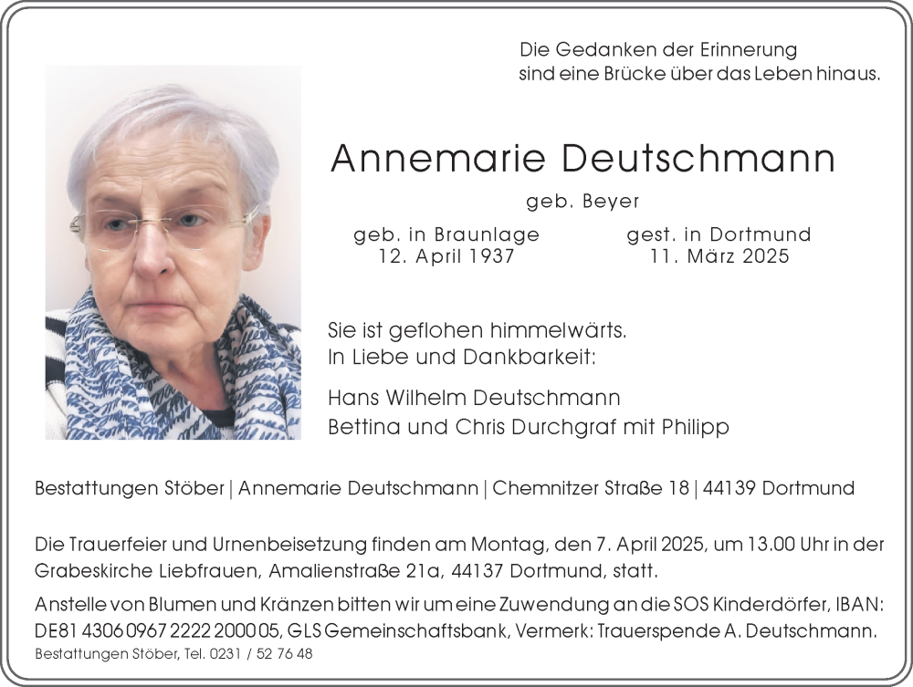 Traueranzeige für Annemarie Deutschmann vom 22.03.2025 aus Ruhr Nachrichten