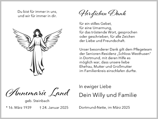 Traueranzeige von Annemarie Land von Ruhr Nachrichten