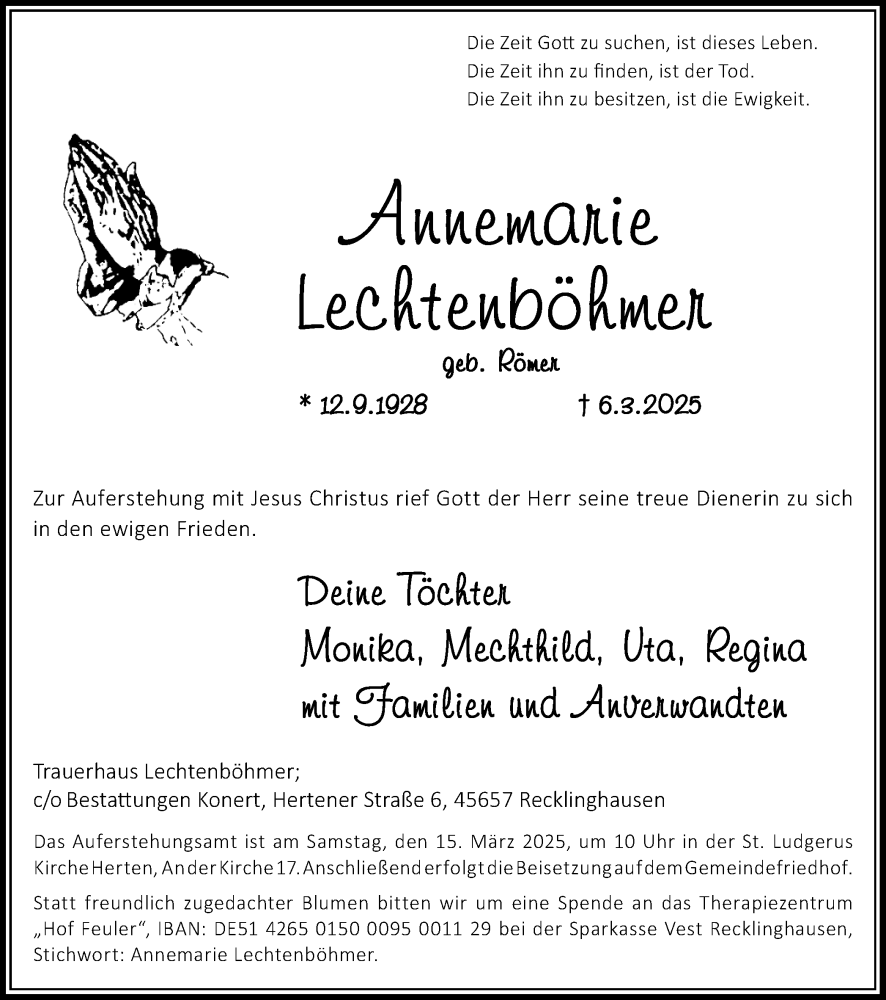  Traueranzeige für Annemarie Lechtenböhmer vom 12.03.2025 aus Trauer Vest