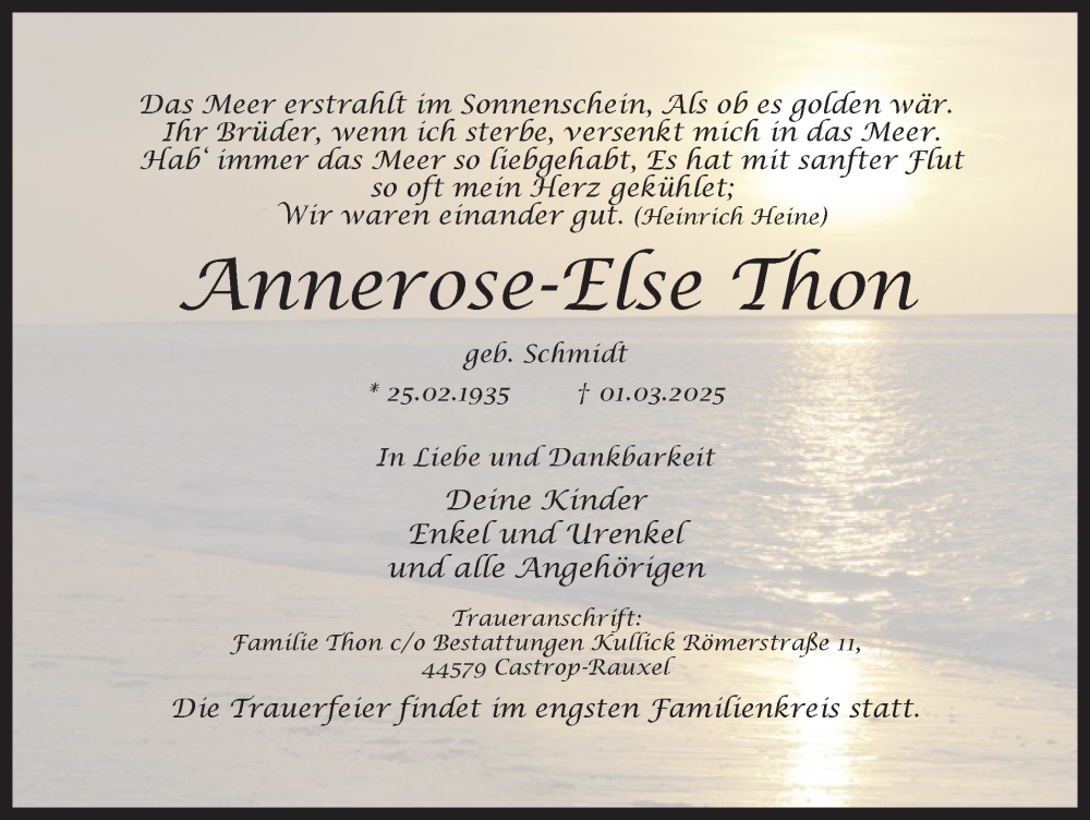  Traueranzeige für Annerose-Else Thon vom 08.03.2025 aus Ruhr Nachrichten