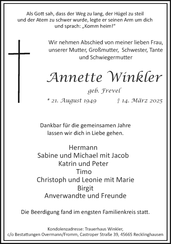 Traueranzeige von Annette Winkler von Trauer Vest