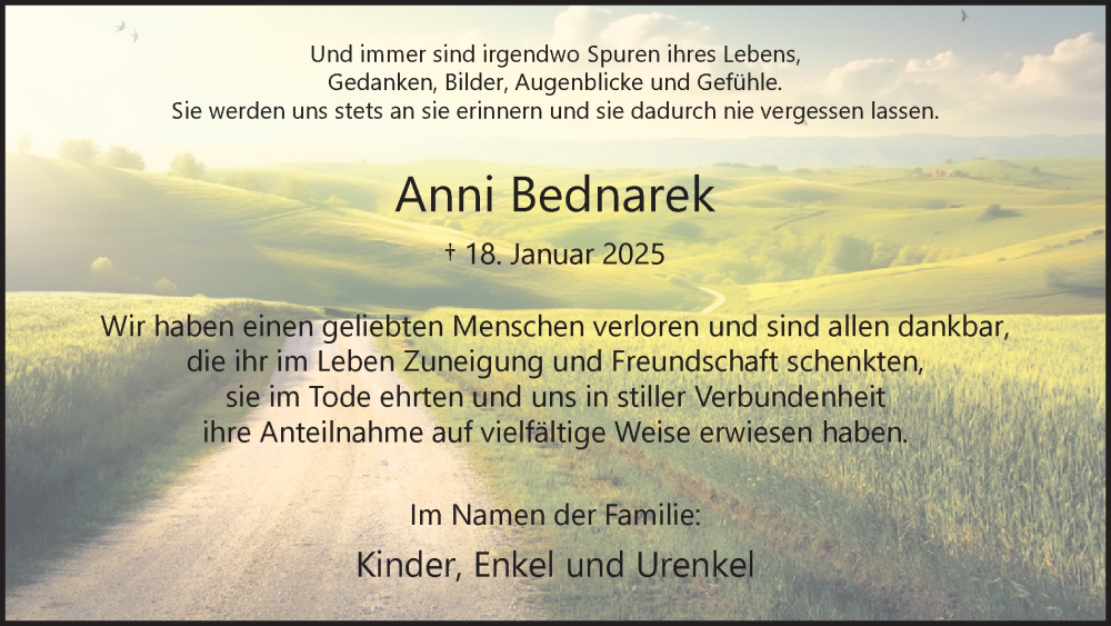  Traueranzeige für Anni Bednarek vom 22.03.2025 aus Ruhr Nachrichten