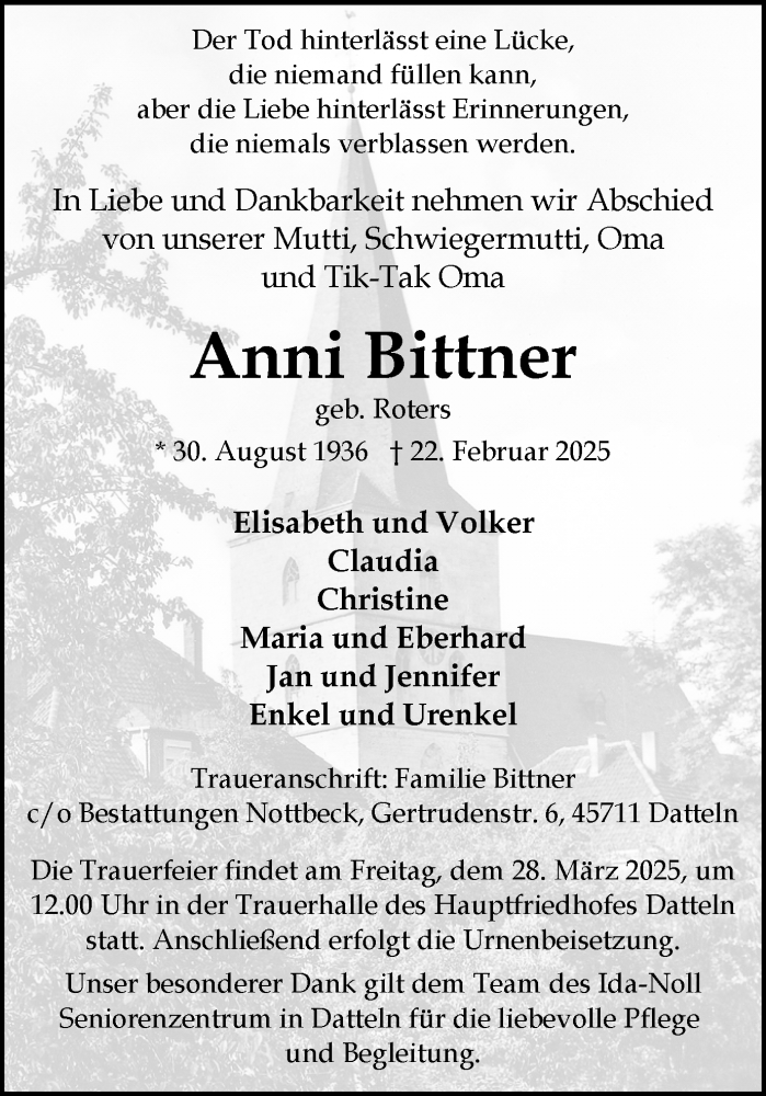  Traueranzeige für Anni Bittner vom 15.03.2025 aus Trauer Vest