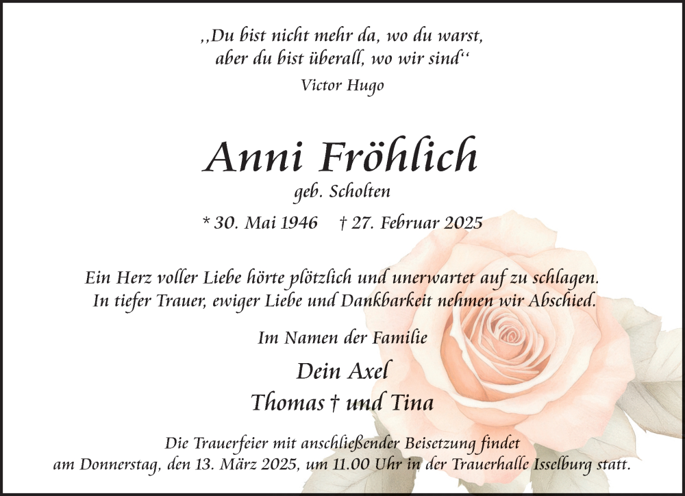  Traueranzeige für Anni Fröhlich vom 08.03.2025 aus 