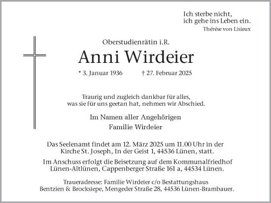 Traueranzeige von Anni Wirdeier von Ruhr Nachrichten