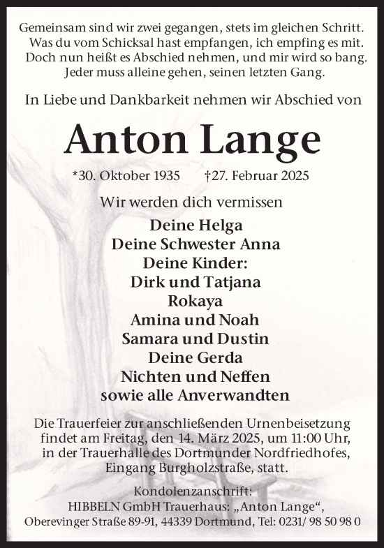 Traueranzeige von Anton Lange von Ruhr Nachrichten
