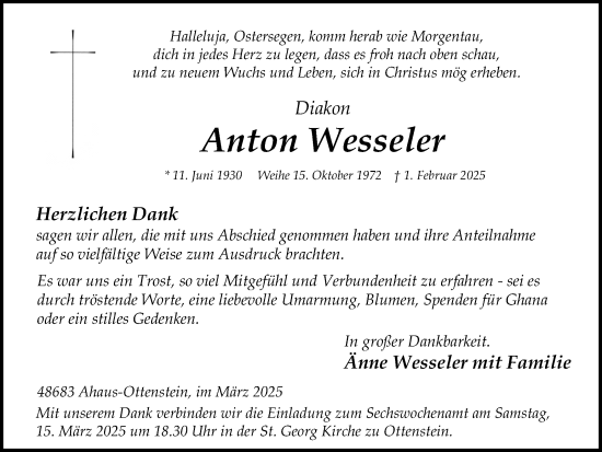 Traueranzeige von Anton Wesseler von Münsterland Zeitung