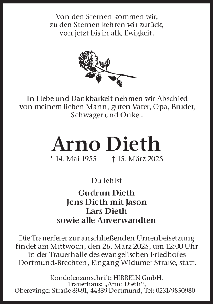  Traueranzeige für Arno Dieth vom 22.03.2025 aus Ruhr Nachrichten