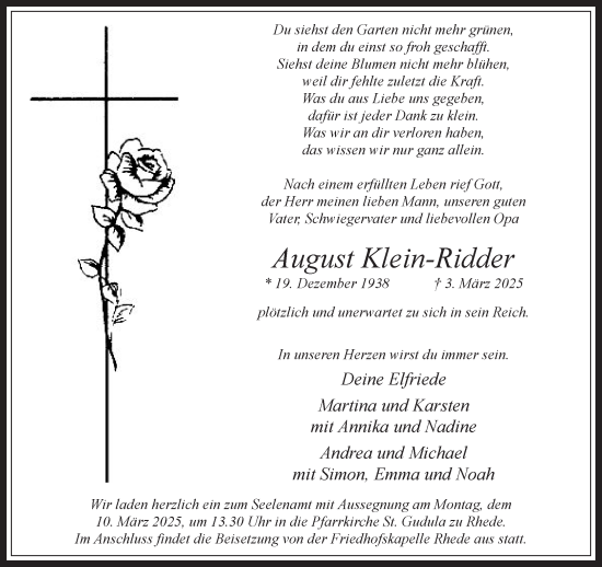 Traueranzeige von August Klein-Ridder 