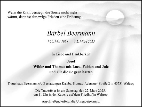 Traueranzeige von Bärbel Beermann von Trauer Vest