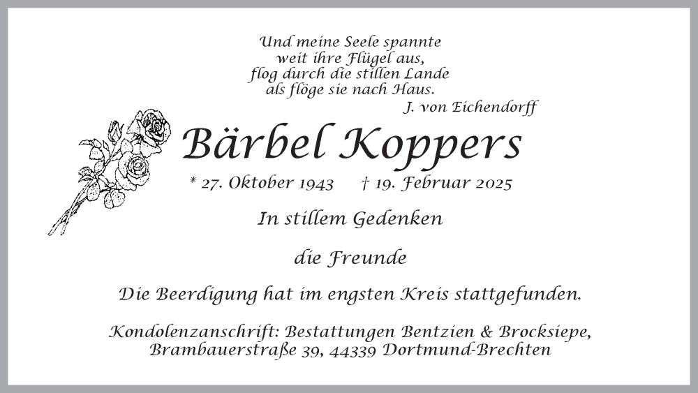  Traueranzeige für Bärbel Koppers vom 08.03.2025 aus Ruhr Nachrichten