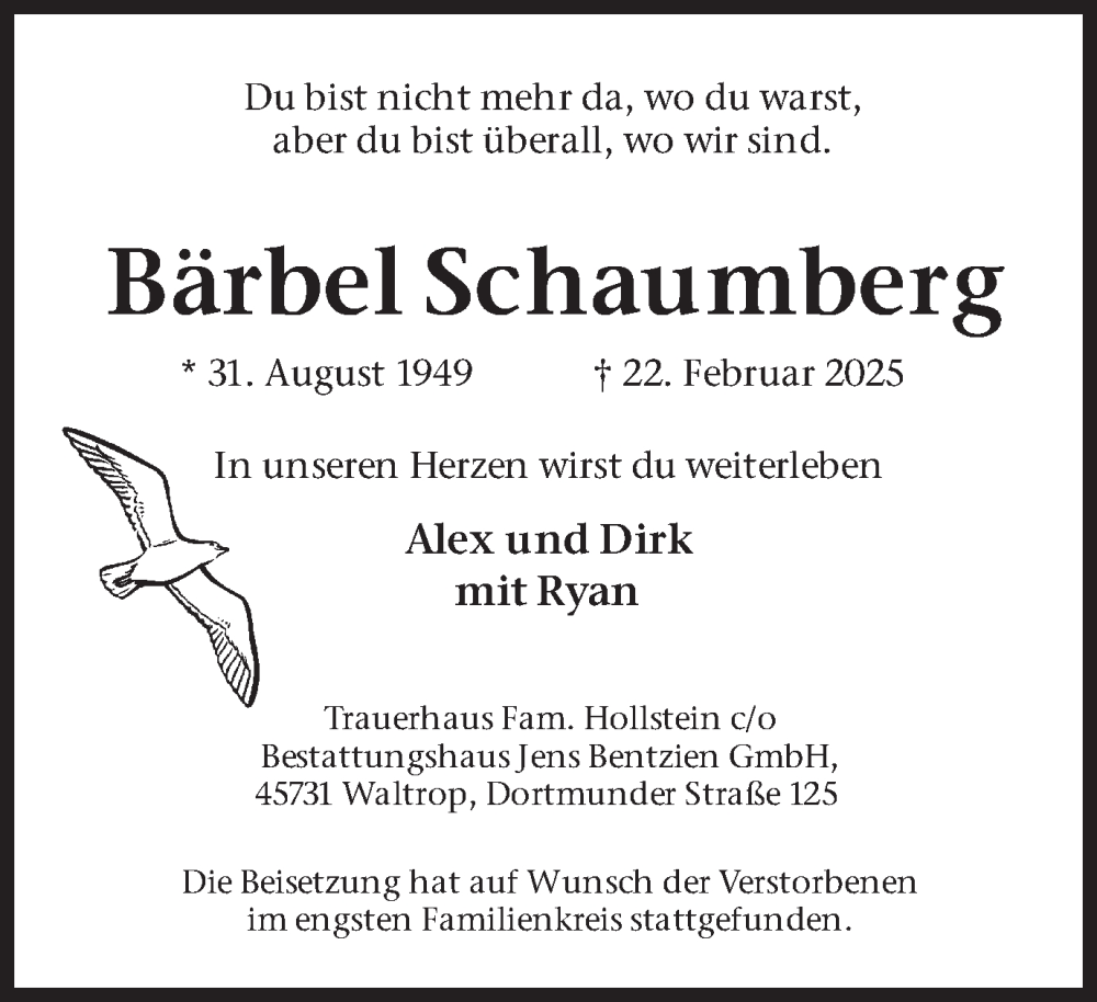  Traueranzeige für Bärbel Schaumberg vom 22.03.2025 aus Stadtanzeiger Castrop-Rauxel