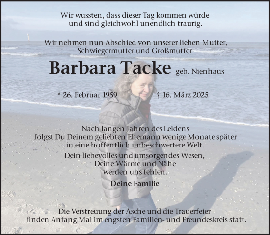 Traueranzeige von Barbara Tacke 