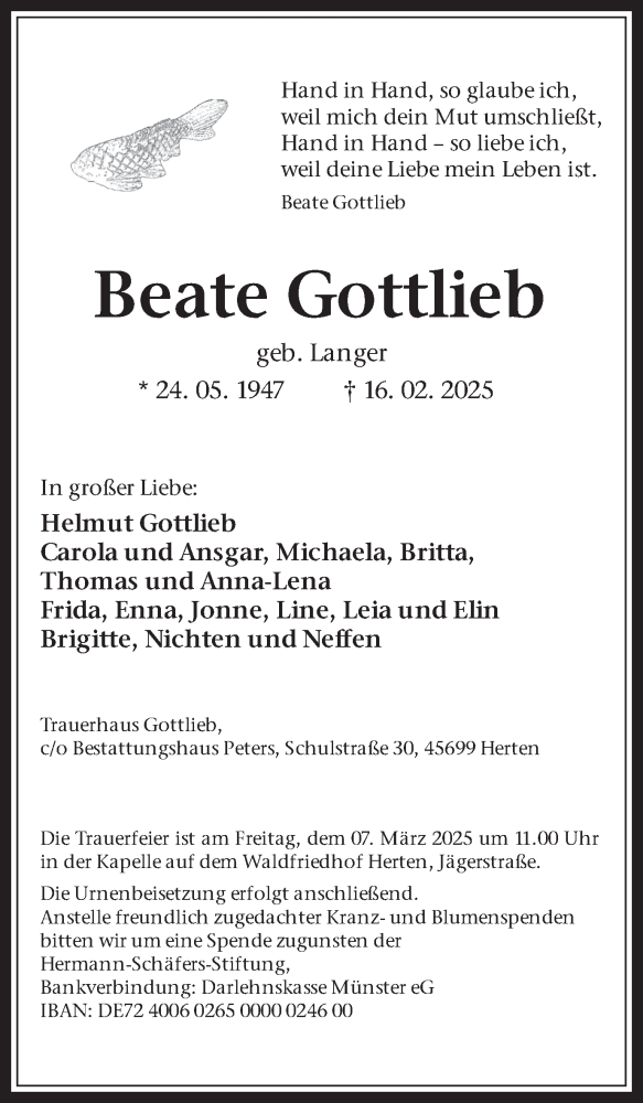  Traueranzeige für Beate Gottlieb vom 01.03.2025 aus Trauer Vest