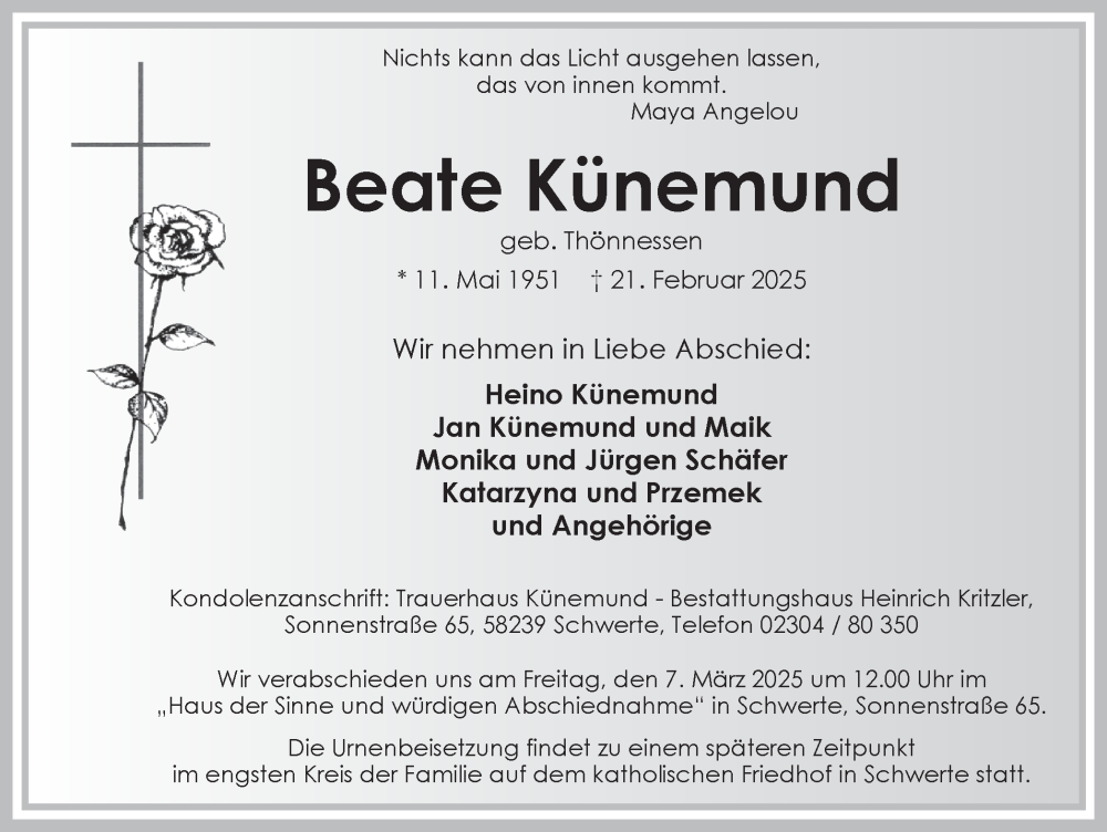  Traueranzeige für Beate Künemund vom 01.03.2025 aus Ruhr Nachrichten