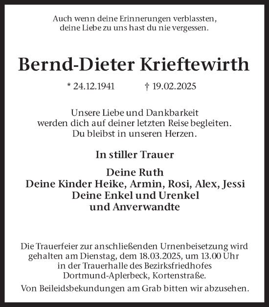 Traueranzeige von Bernd-Dieter Krieftewirth von Ruhr Nachrichten