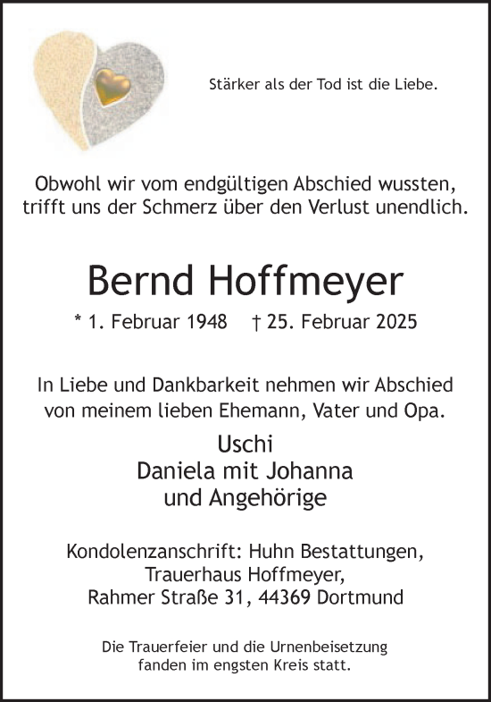 Traueranzeige von Bernd Hoffmeyer von Stadtanzeiger Castrop-Rauxel