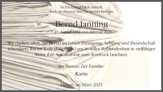 Traueranzeige von Bernd Janning von Ruhr Nachrichten
