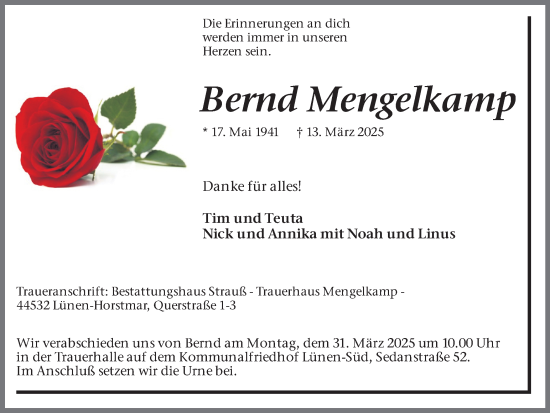 Traueranzeige von Bernd Mengelkamp von Ruhr Nachrichten