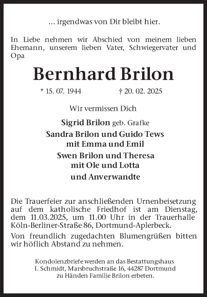  Traueranzeige für Bernhard Brilon vom 01.03.2025 aus Ruhr Nachrichten