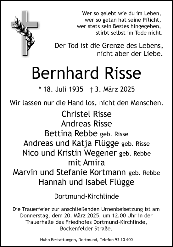 Traueranzeige von Bernhard Risse von Ruhr Nachrichten