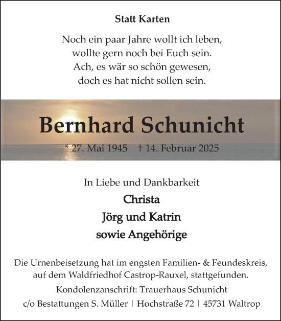 Traueranzeige von Bernhard Schunicht von Trauer Vest