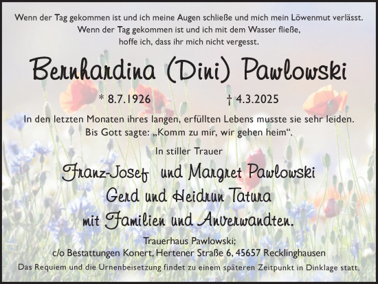 Traueranzeige von Bernhardina Pawlowski von Trauer Vest